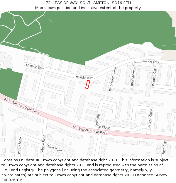 72, LEASIDE WAY, SOUTHAMPTON, SO16 3EN: Location map and indicative extent of plot