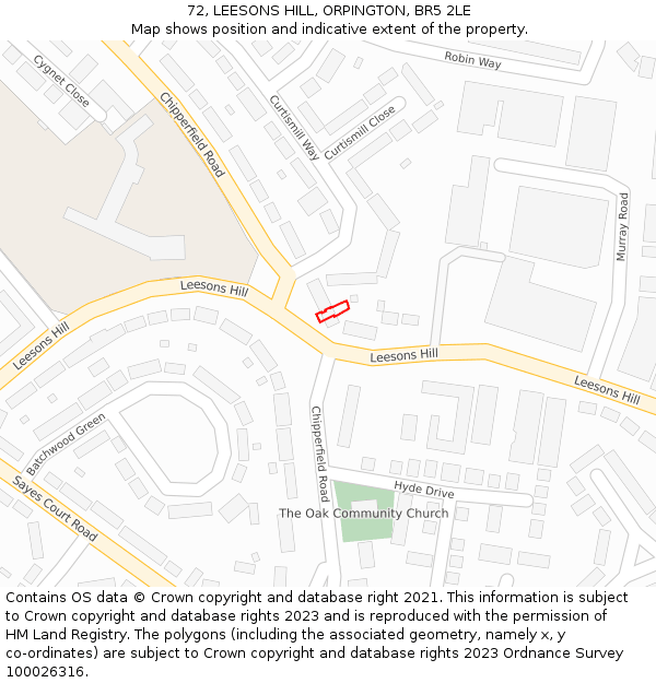 72, LEESONS HILL, ORPINGTON, BR5 2LE: Location map and indicative extent of plot