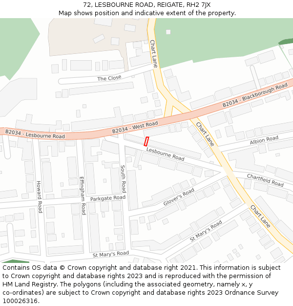 72, LESBOURNE ROAD, REIGATE, RH2 7JX: Location map and indicative extent of plot