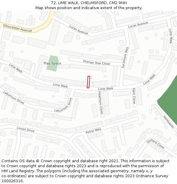 72, LIME WALK, CHELMSFORD, CM2 9NH: Location map and indicative extent of plot