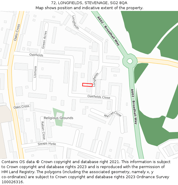 72, LONGFIELDS, STEVENAGE, SG2 8QA: Location map and indicative extent of plot