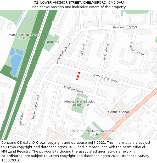 72, LOWER ANCHOR STREET, CHELMSFORD, CM2 0AU: Location map and indicative extent of plot