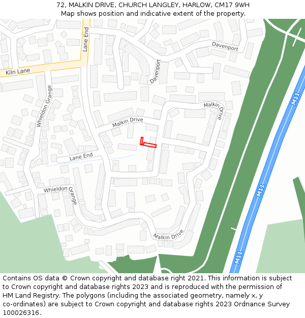72, MALKIN DRIVE, CHURCH LANGLEY, HARLOW, CM17 9WH: Location map and indicative extent of plot