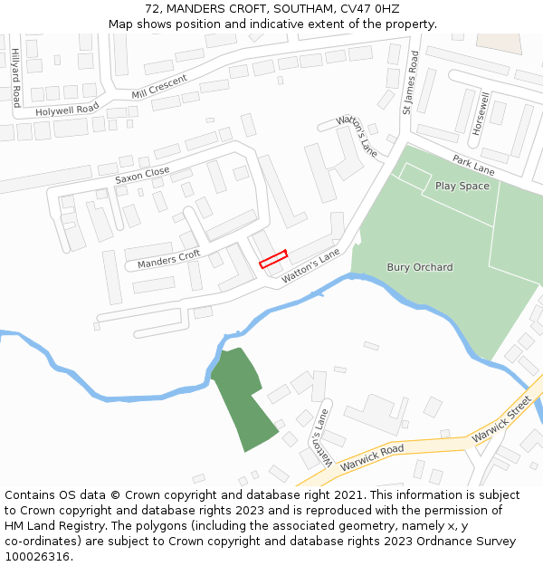 72, MANDERS CROFT, SOUTHAM, CV47 0HZ: Location map and indicative extent of plot