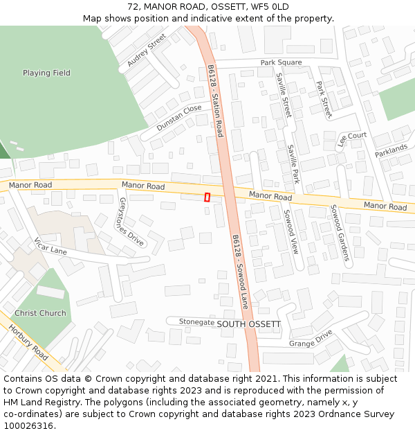 72, MANOR ROAD, OSSETT, WF5 0LD: Location map and indicative extent of plot