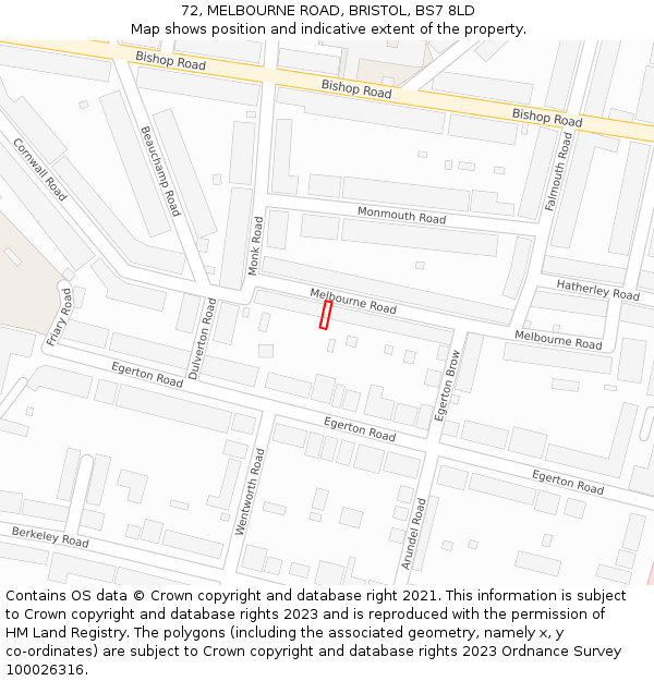 72, MELBOURNE ROAD, BRISTOL, BS7 8LD: Location map and indicative extent of plot