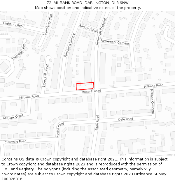 72, MILBANK ROAD, DARLINGTON, DL3 9NW: Location map and indicative extent of plot