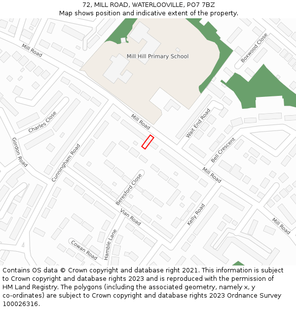 72, MILL ROAD, WATERLOOVILLE, PO7 7BZ: Location map and indicative extent of plot