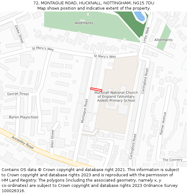72, MONTAGUE ROAD, HUCKNALL, NOTTINGHAM, NG15 7DU: Location map and indicative extent of plot