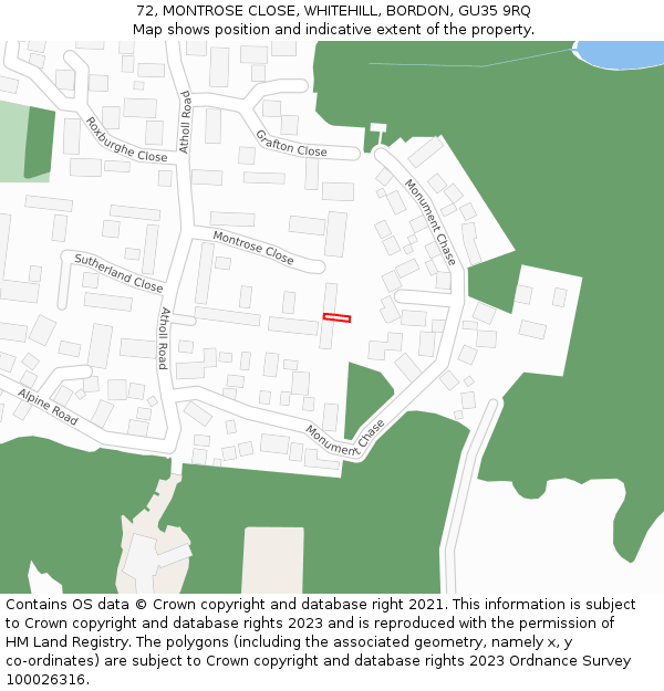 72, MONTROSE CLOSE, WHITEHILL, BORDON, GU35 9RQ: Location map and indicative extent of plot
