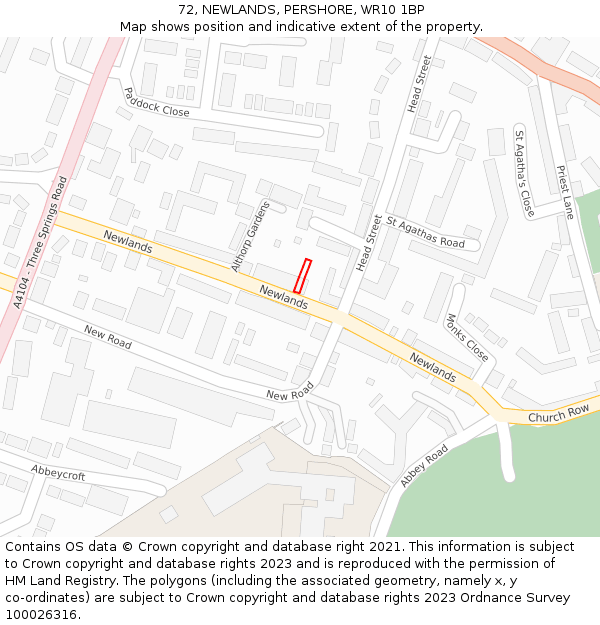 72, NEWLANDS, PERSHORE, WR10 1BP: Location map and indicative extent of plot