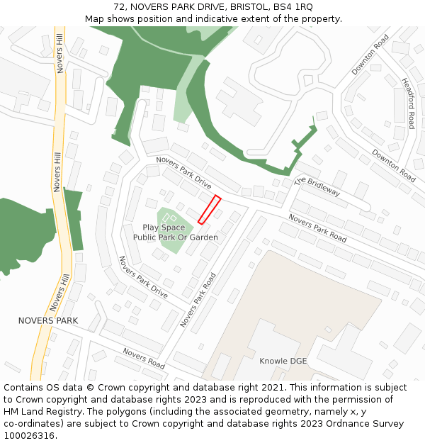72, NOVERS PARK DRIVE, BRISTOL, BS4 1RQ: Location map and indicative extent of plot