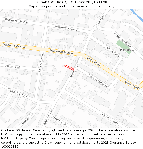 72, OAKRIDGE ROAD, HIGH WYCOMBE, HP11 2PL: Location map and indicative extent of plot