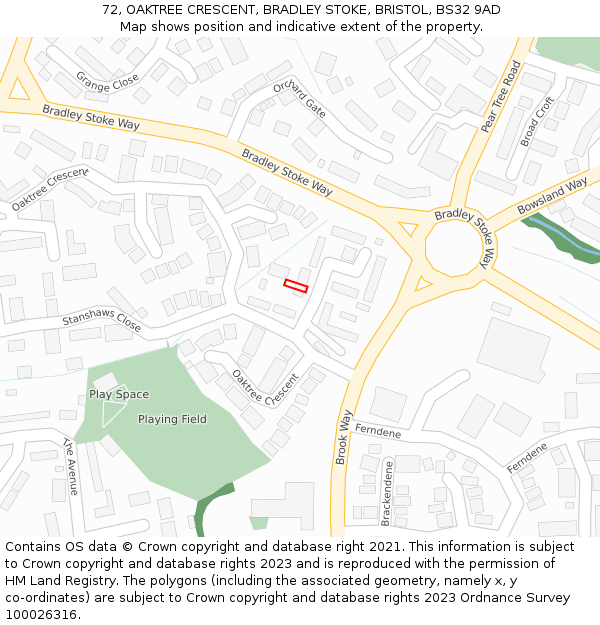 72, OAKTREE CRESCENT, BRADLEY STOKE, BRISTOL, BS32 9AD: Location map and indicative extent of plot