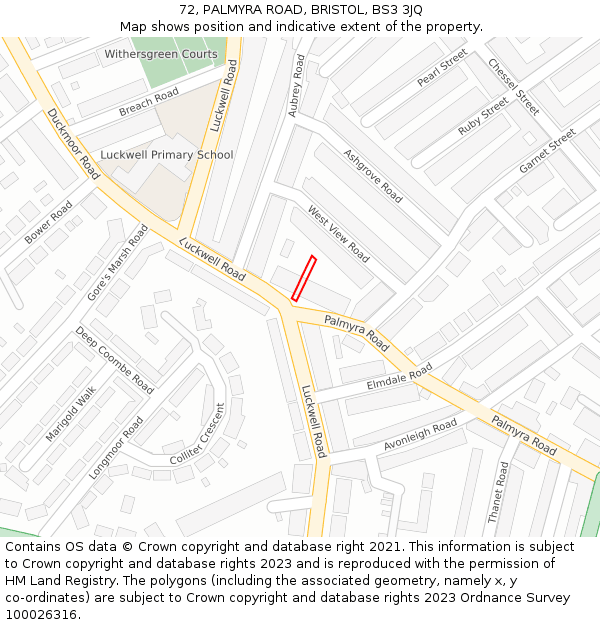 72, PALMYRA ROAD, BRISTOL, BS3 3JQ: Location map and indicative extent of plot