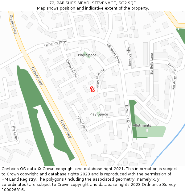 72, PARISHES MEAD, STEVENAGE, SG2 9QD: Location map and indicative extent of plot