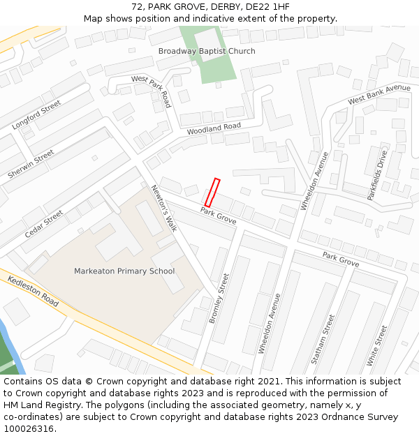 72, PARK GROVE, DERBY, DE22 1HF: Location map and indicative extent of plot