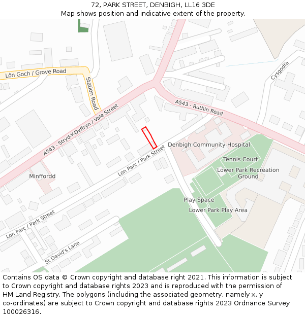 72, PARK STREET, DENBIGH, LL16 3DE: Location map and indicative extent of plot