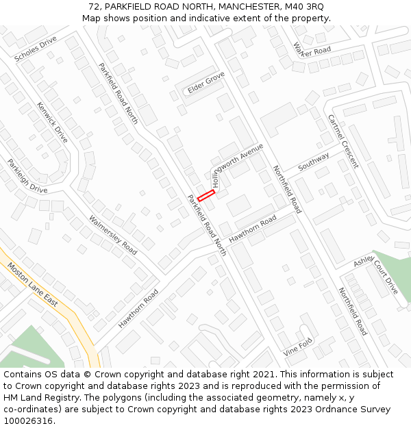 72, PARKFIELD ROAD NORTH, MANCHESTER, M40 3RQ: Location map and indicative extent of plot