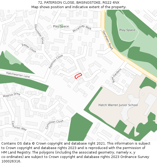 72, PATERSON CLOSE, BASINGSTOKE, RG22 4NX: Location map and indicative extent of plot