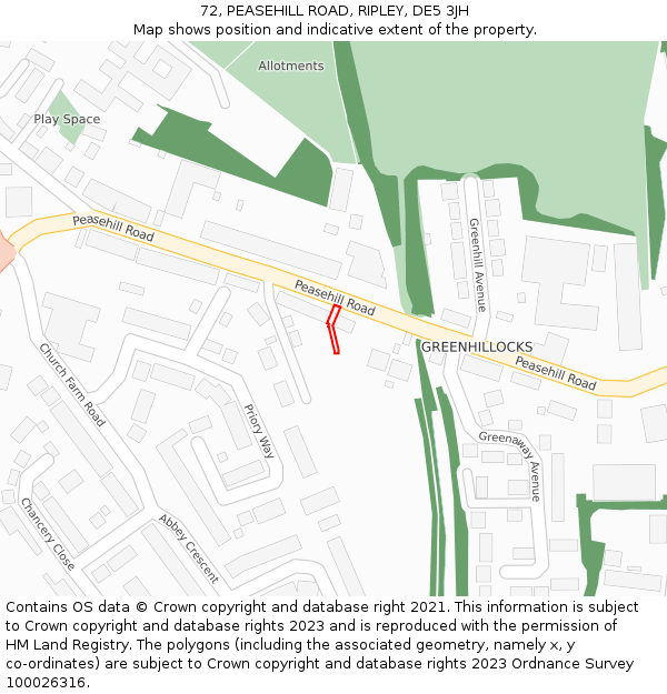 72, PEASEHILL ROAD, RIPLEY, DE5 3JH: Location map and indicative extent of plot