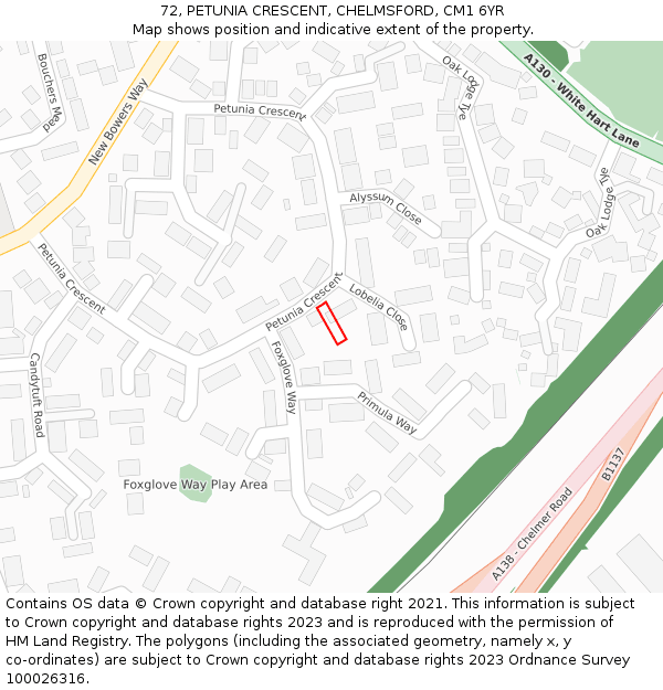 72, PETUNIA CRESCENT, CHELMSFORD, CM1 6YR: Location map and indicative extent of plot