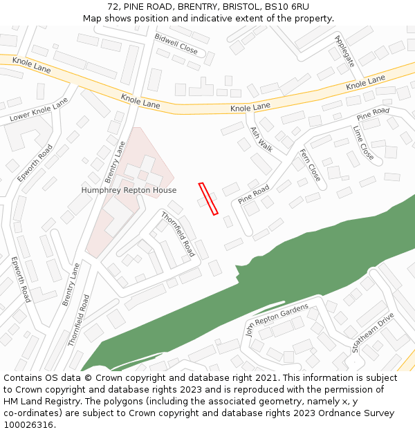 72, PINE ROAD, BRENTRY, BRISTOL, BS10 6RU: Location map and indicative extent of plot