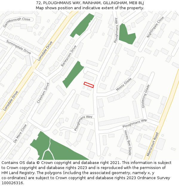 72, PLOUGHMANS WAY, RAINHAM, GILLINGHAM, ME8 8LJ: Location map and indicative extent of plot