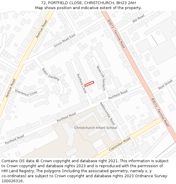 72, PORTFIELD CLOSE, CHRISTCHURCH, BH23 2AH: Location map and indicative extent of plot