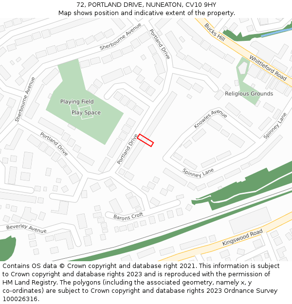 72, PORTLAND DRIVE, NUNEATON, CV10 9HY: Location map and indicative extent of plot
