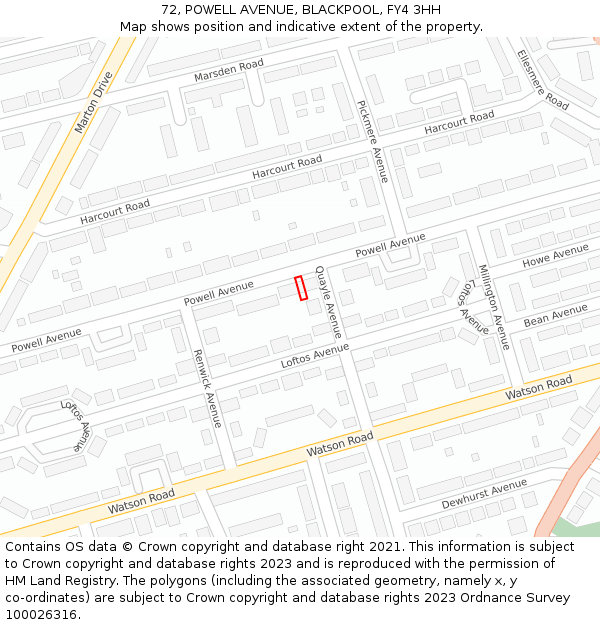 72, POWELL AVENUE, BLACKPOOL, FY4 3HH: Location map and indicative extent of plot