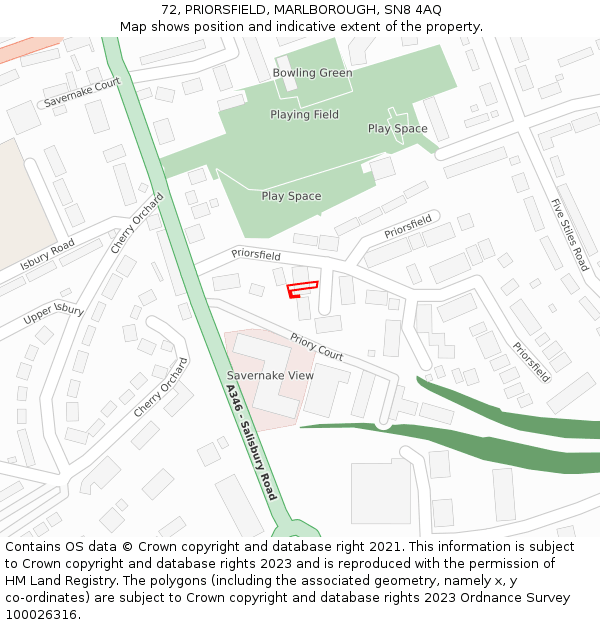 72, PRIORSFIELD, MARLBOROUGH, SN8 4AQ: Location map and indicative extent of plot