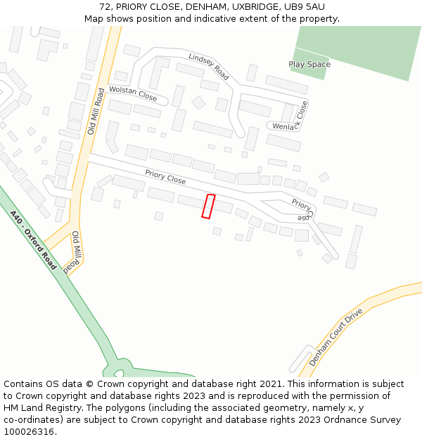 72, PRIORY CLOSE, DENHAM, UXBRIDGE, UB9 5AU: Location map and indicative extent of plot