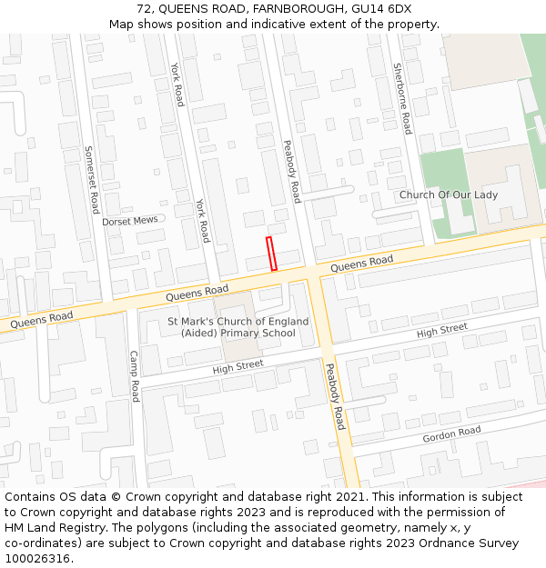 72, QUEENS ROAD, FARNBOROUGH, GU14 6DX: Location map and indicative extent of plot
