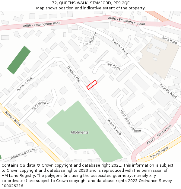 72, QUEENS WALK, STAMFORD, PE9 2QE: Location map and indicative extent of plot