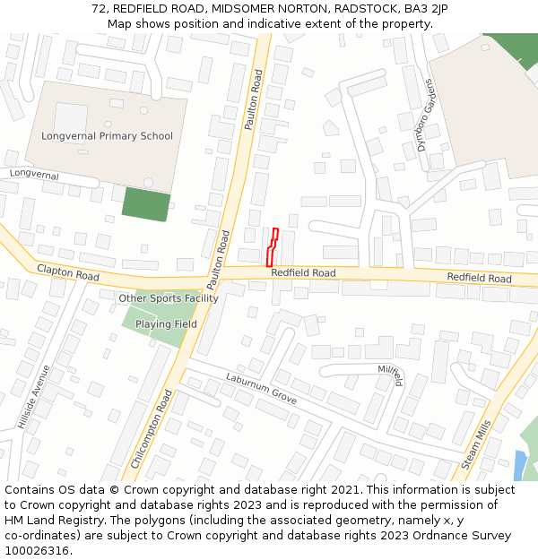 72, REDFIELD ROAD, MIDSOMER NORTON, RADSTOCK, BA3 2JP: Location map and indicative extent of plot