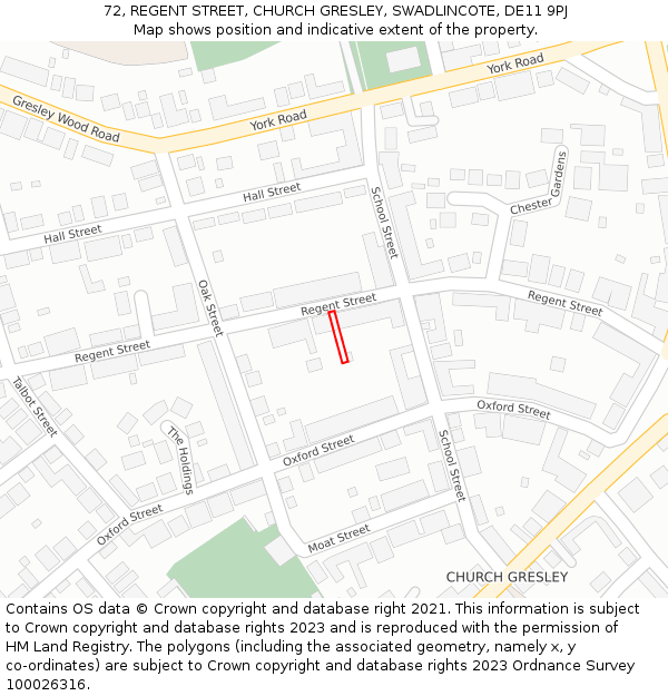 72, REGENT STREET, CHURCH GRESLEY, SWADLINCOTE, DE11 9PJ: Location map and indicative extent of plot