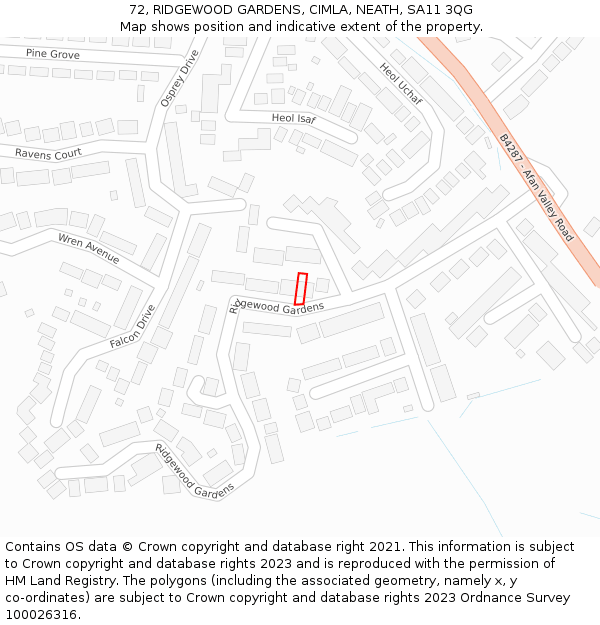 72, RIDGEWOOD GARDENS, CIMLA, NEATH, SA11 3QG: Location map and indicative extent of plot