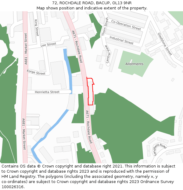 72, ROCHDALE ROAD, BACUP, OL13 9NR: Location map and indicative extent of plot