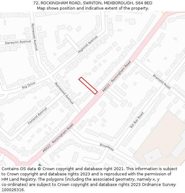 72, ROCKINGHAM ROAD, SWINTON, MEXBOROUGH, S64 8ED: Location map and indicative extent of plot