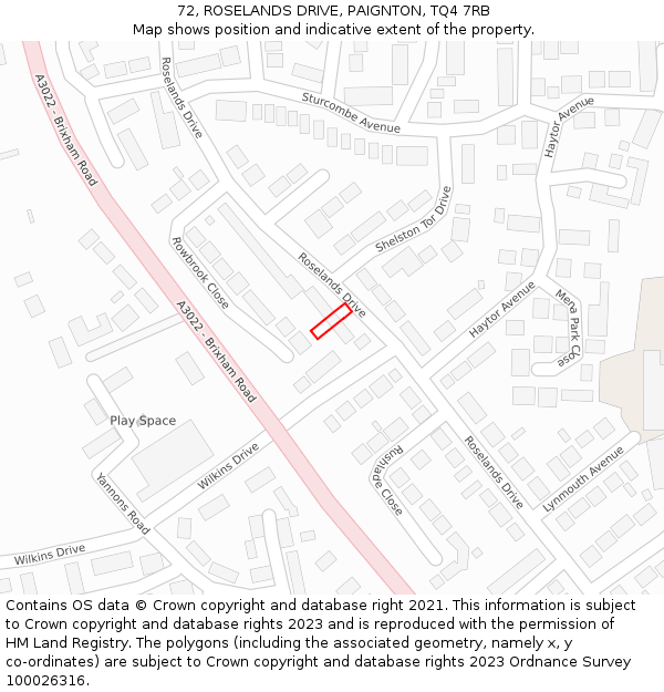 72, ROSELANDS DRIVE, PAIGNTON, TQ4 7RB: Location map and indicative extent of plot