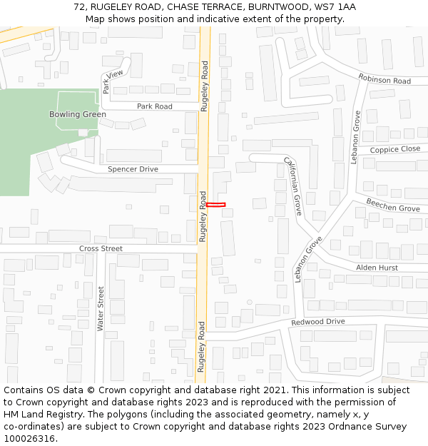 72, RUGELEY ROAD, CHASE TERRACE, BURNTWOOD, WS7 1AA: Location map and indicative extent of plot