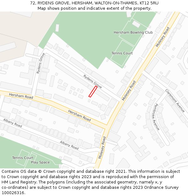 72, RYDENS GROVE, HERSHAM, WALTON-ON-THAMES, KT12 5RU: Location map and indicative extent of plot