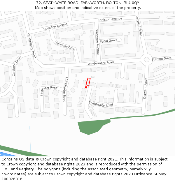 72, SEATHWAITE ROAD, FARNWORTH, BOLTON, BL4 0QY: Location map and indicative extent of plot