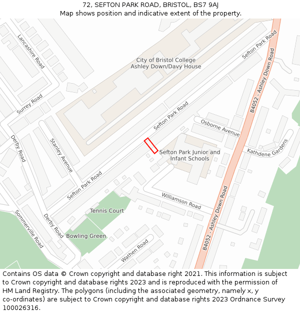 72, SEFTON PARK ROAD, BRISTOL, BS7 9AJ: Location map and indicative extent of plot