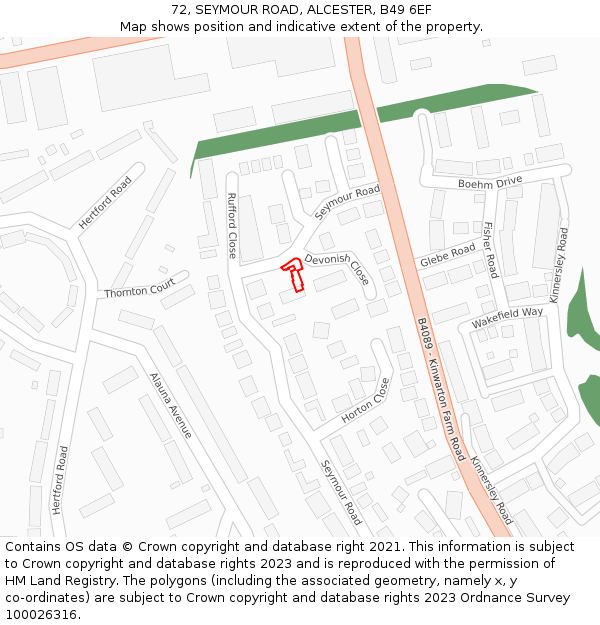 72, SEYMOUR ROAD, ALCESTER, B49 6EF: Location map and indicative extent of plot