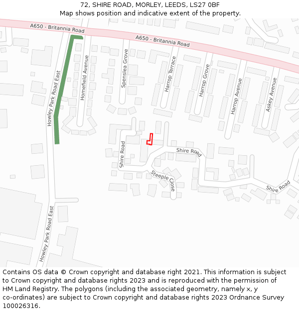 72, SHIRE ROAD, MORLEY, LEEDS, LS27 0BF: Location map and indicative extent of plot