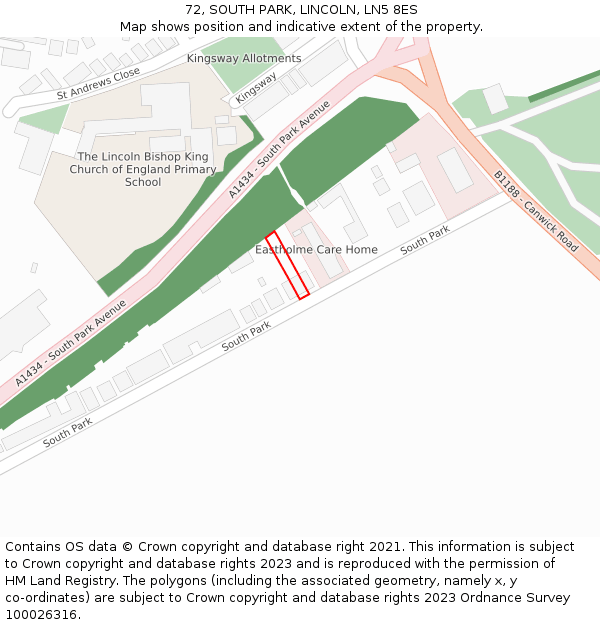 72, SOUTH PARK, LINCOLN, LN5 8ES: Location map and indicative extent of plot