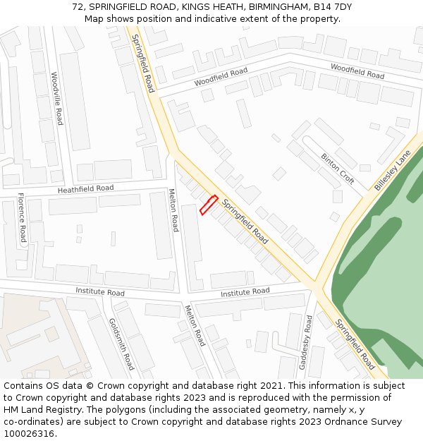 72, SPRINGFIELD ROAD, KINGS HEATH, BIRMINGHAM, B14 7DY: Location map and indicative extent of plot