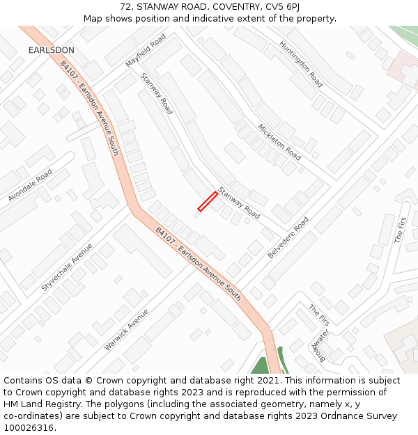 72, STANWAY ROAD, COVENTRY, CV5 6PJ: Location map and indicative extent of plot